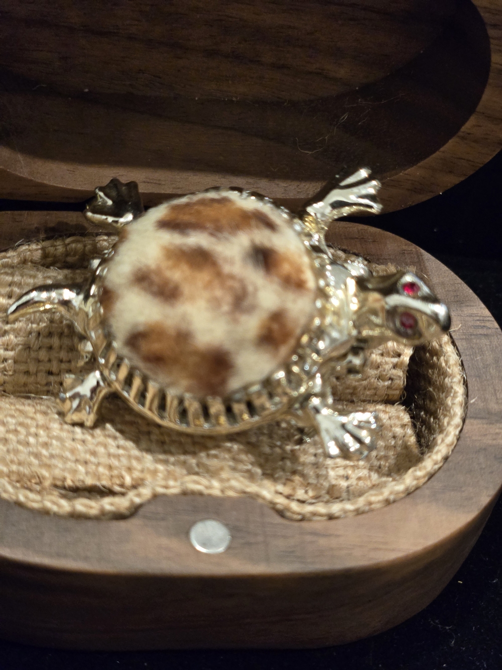 Mid-century Turtle Novelty Locket Brooch with Faux Fur